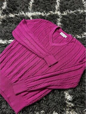 Vintage 90s St Croix Knits V Neck Cable Knit Sweater Magenta Pink Womens XL